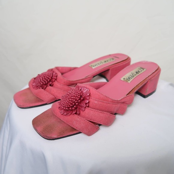 Vintage 90s pink strappy flower brooch heeled mule sandals 9 - Picture 4 of 5